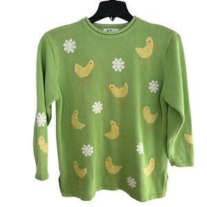 Vintage The Quaker Factory Womens Medium Sweater Green with Chicks and Daisys